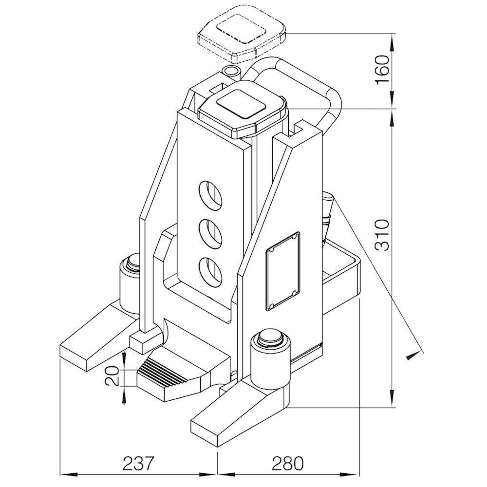Exploded view drawing of the V10-EX hydraulic lift / machine jack with a 10-metric-ton load capacity
